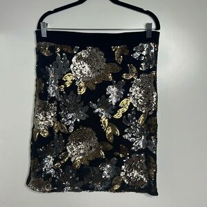 Design Recipe Sz L Black Gold Beaded Lined Side Zip 22.5” Pencil Skirt